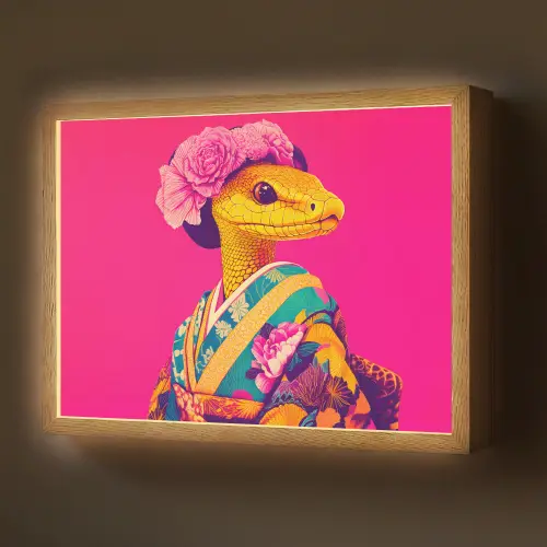 Hagedis - Bloemen - Roze - Kimono Light Box met batterij (Wandlamp) middel -z3d_website