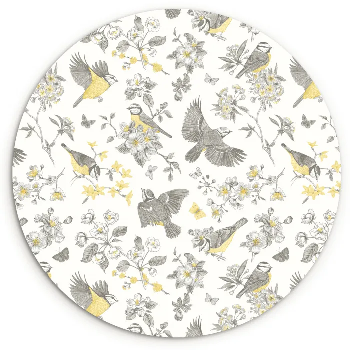 Birds - Flowers - Gray - Yellow Wandcirkel plexiglas klein 852 -3d