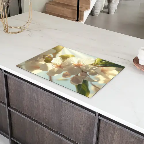 Bloesems - Wit - Zonnestralen -  Bloemblaadjes Inductie beschermer vinyl 3mm klein -sfeer8