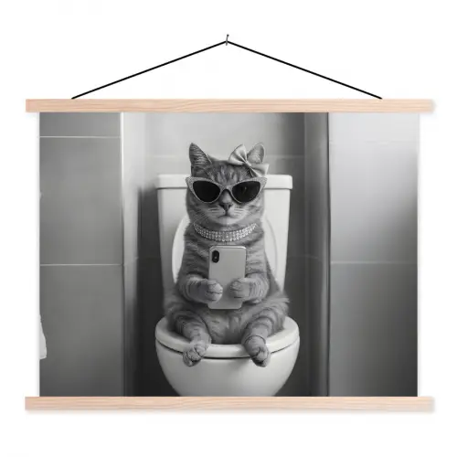 Kat - Telefoon - Toilet - Zwart - Wit textielposter latten blank klein -3d