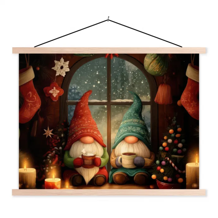 Gnooms - Kerst - Raam - Kleurrijk textielposter latten blank klein -3d