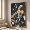 Melkmeisje - Johannes Vermeer - Bloemen - Blauw Textielframe zilver middel -sfeer3