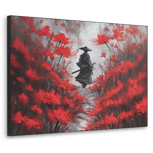 Rode bloemen - mistig - Man Textielframe zwart klein -3d