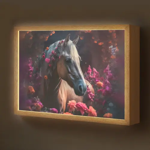 Paard - Bloemen - Paars - Oranje - Dieren Light Box met batterij (Wandlamp kind) middel -z3d_website