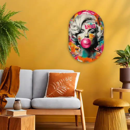 Vrouw - Kauwgom - Graffiti - Neonkleuren Wandcirkel Ovaal Forex klein -sfeer4