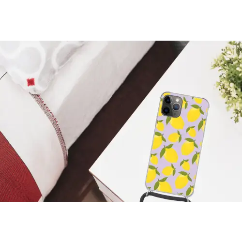 Citroenen patroon - Geel - Paars - Patroon - Vruchten Hoesje iPhone 12 Pro met koord klein -kamer