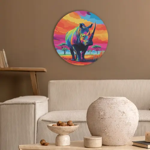 Neushoorn - Zonsondergang - Savanna - Kleurrijk Akoestische PET Vilt - Rond klein -sfeer1