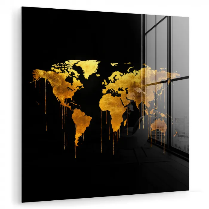 Wereldkaart - Goud - Druipen - Zwart plexiglas 5mm klein -zzzproduct_nieuw
