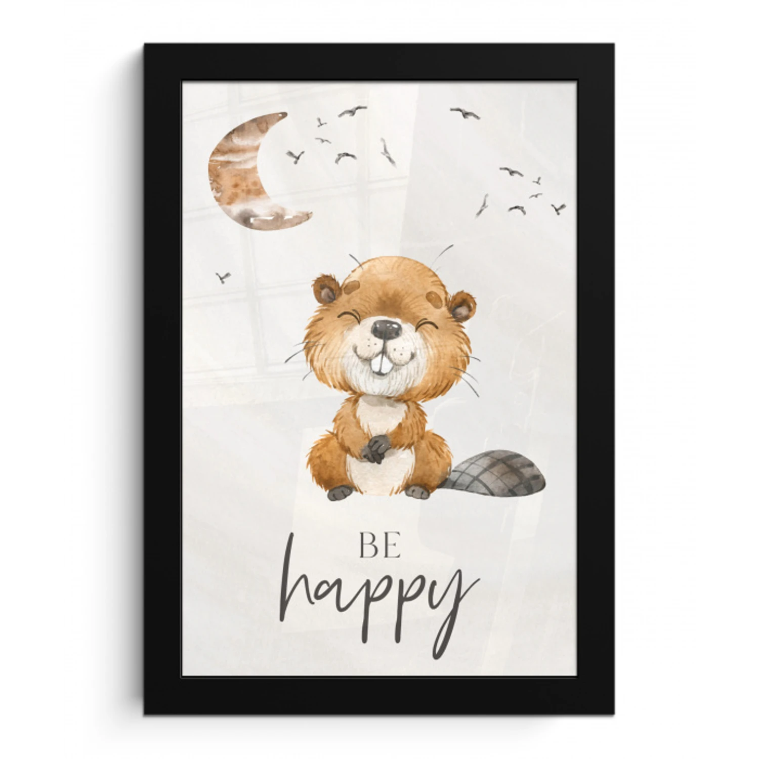 Quotes - Be happy - Kinderen - Maan - Bever - Waterverf fotolijst zwart zonder passe partout klein -3d