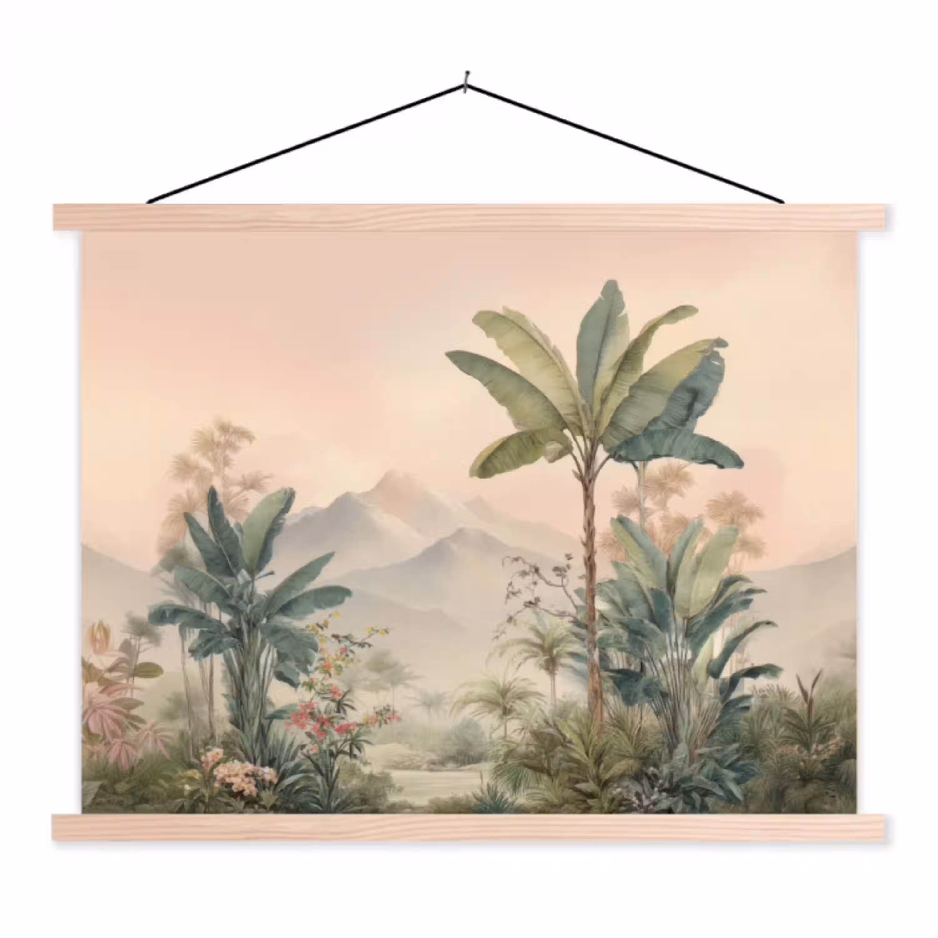 Tropisch landschap - palmbomen - Bloemen - Roze lucht textielposter latten blank klein -3d