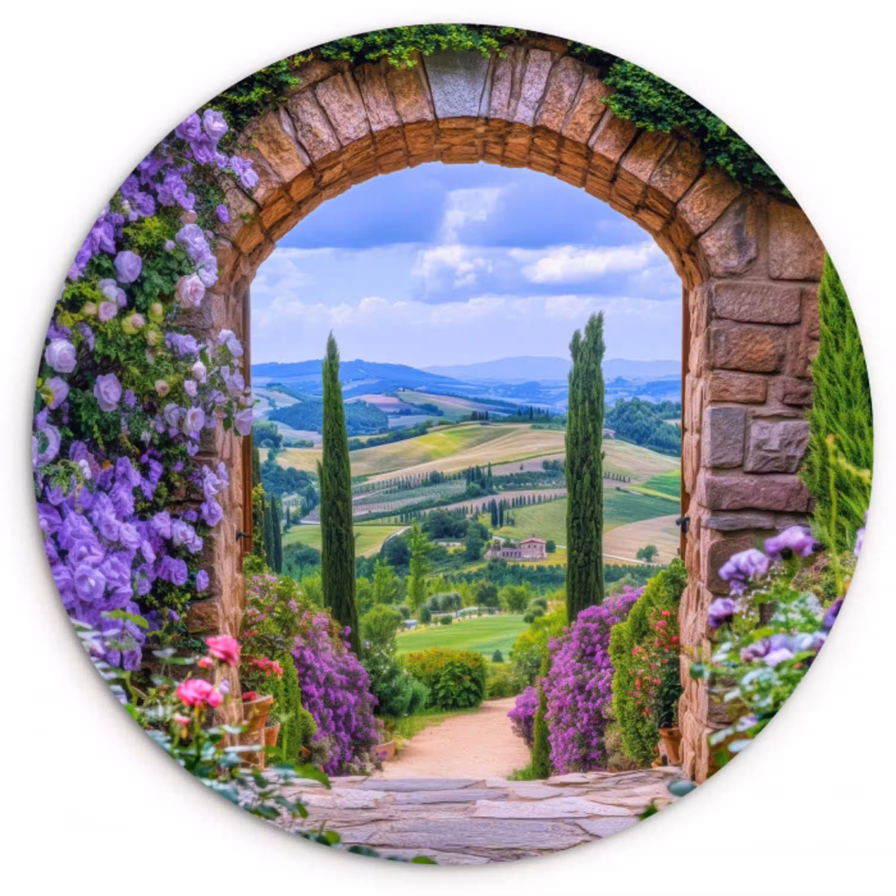 Doorkijk - Toscane - Landschap - Poort Wandcirkel plexiglas klein -3d