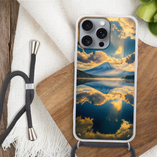Berg - Rivier - Zonsondergang Hoesje iPhone 16 Pro Max met koord klein -sfeer4