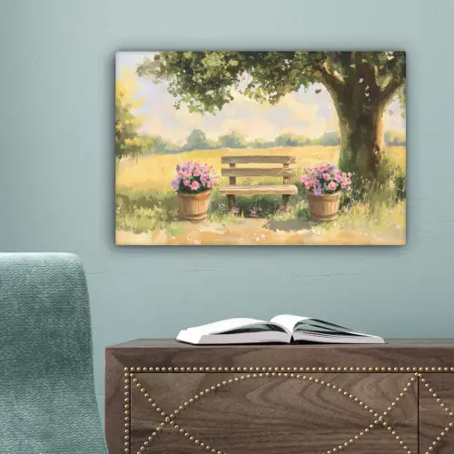 Houten bankje - Bloempotten - Landschap canvas 2cm klein -sfeer4