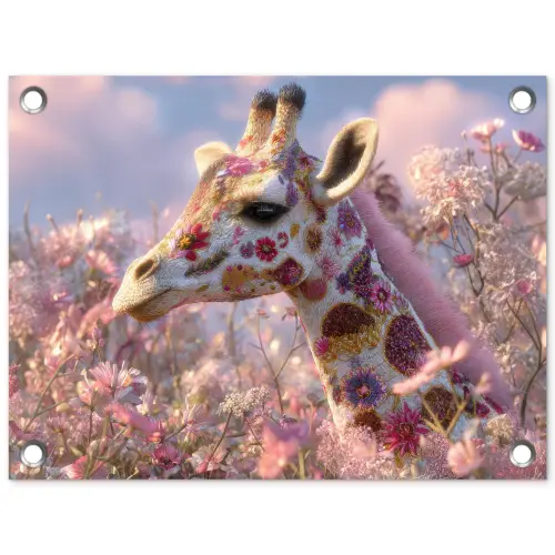 Giraffe - Bloemen - Roze tuinposter los doek klein -3d