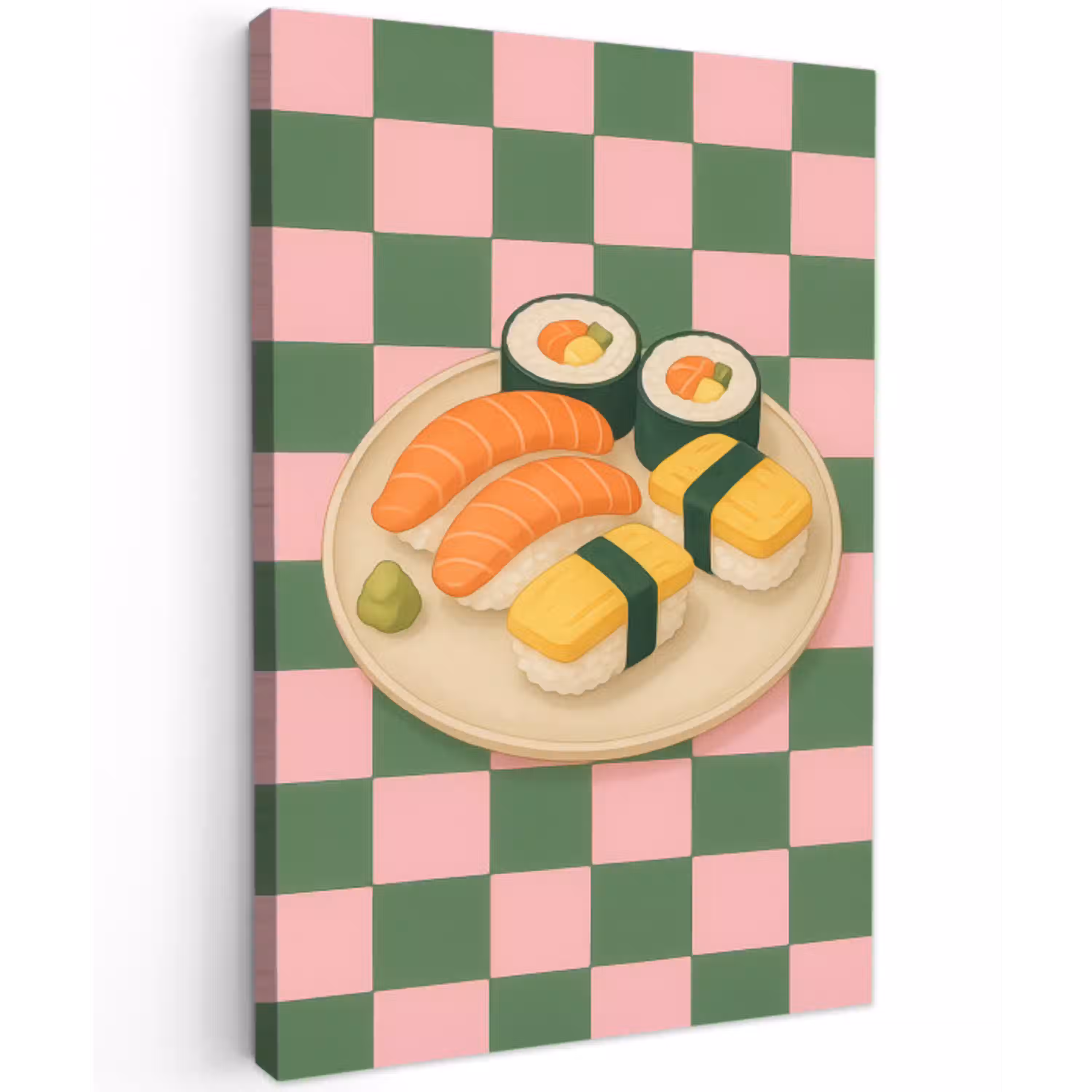 Sushi - Bord - Geblokt - Groen Tuinposter op houten frame 2 cm dik middel -3d