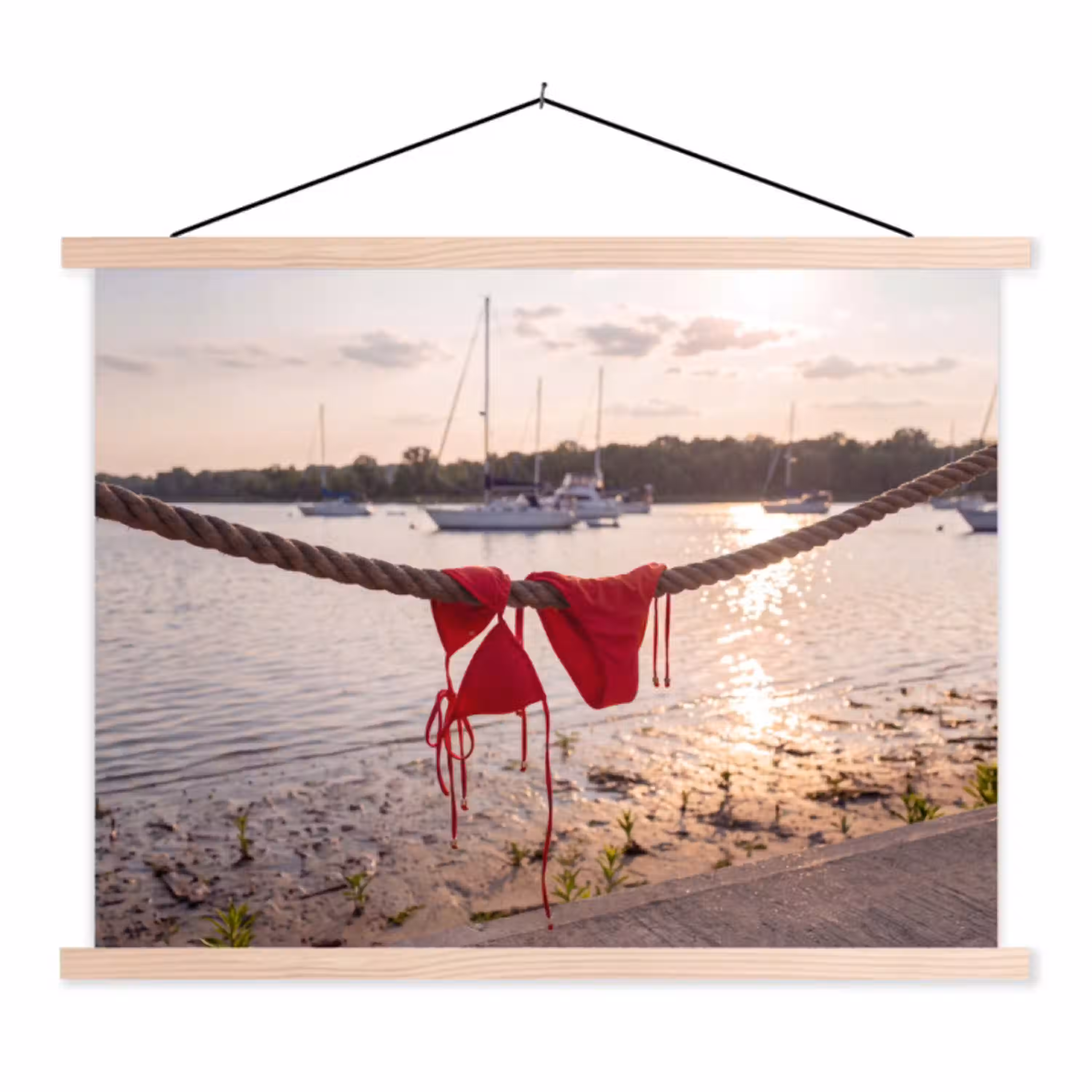 Badkleding - Rood - Zomer - Water - Zonsondergang textielposter latten blank klein -3d