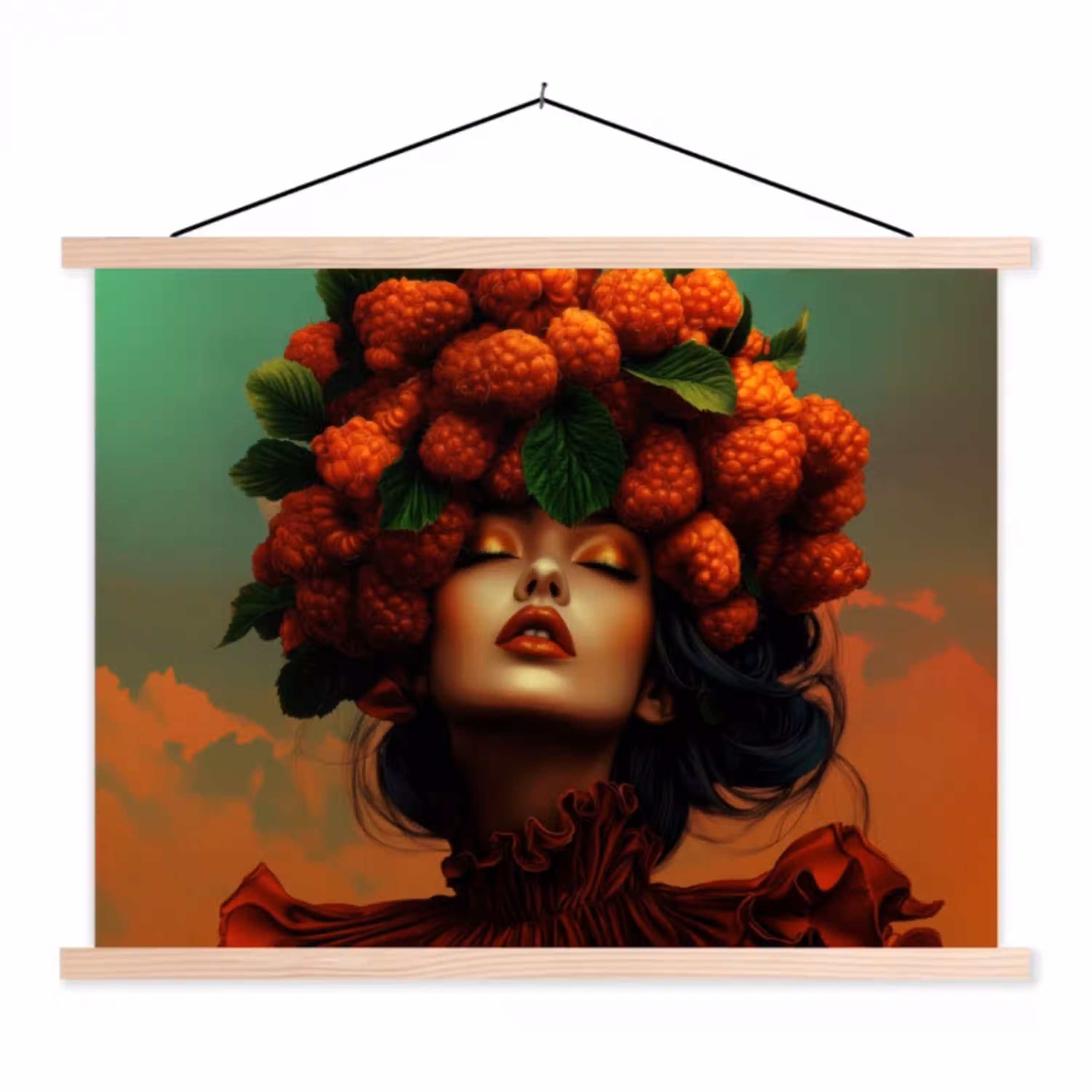Vrouw - Frambozen - Bladeren textielposter latten blank klein -3d