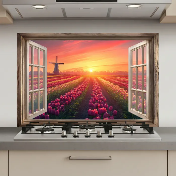 Doorkijk - Tulpen - Zonsondergang - Bloemen - Kleurrijk keuken achterwand spatscherm klein -3d_website