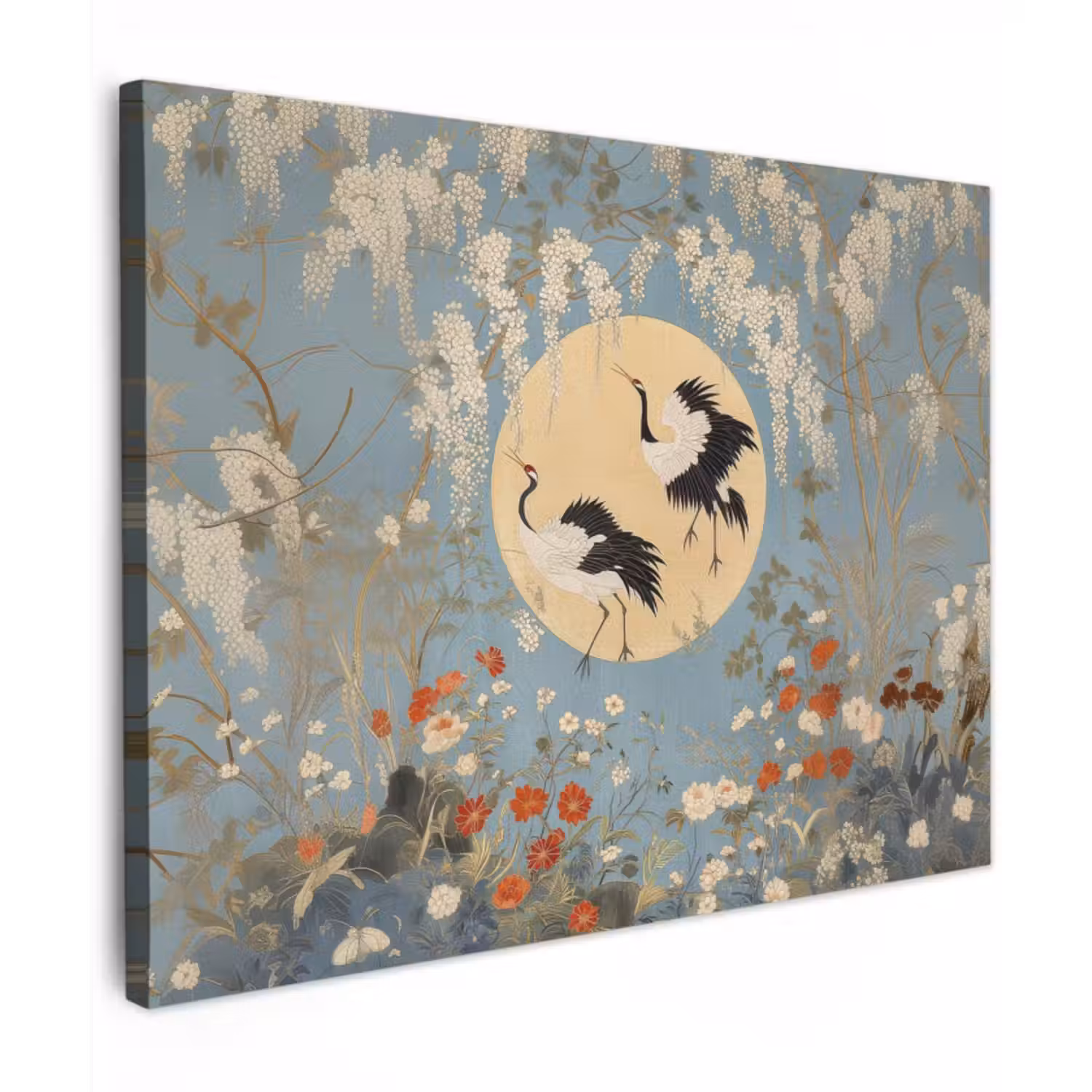 Canvas schilderij - Kraanvogels - Maan - Bloemen - Blauw