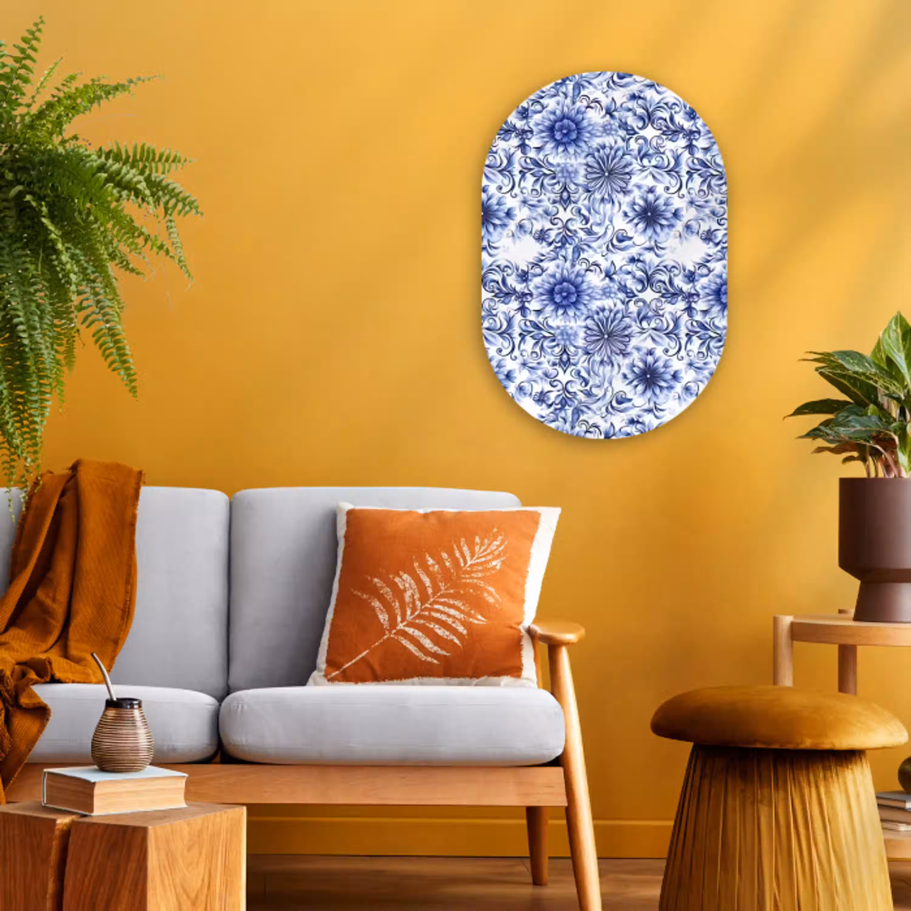 Bloemen - Blauw - Patroon - Wit Wandcirkel Ovaal Forex klein 630 -sfeer4