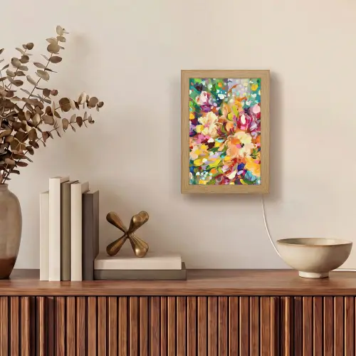 Schilderij - Olieverf - Bloemen - Regenboog Light Box met kabel (Tafellamp) klein -sfeer2