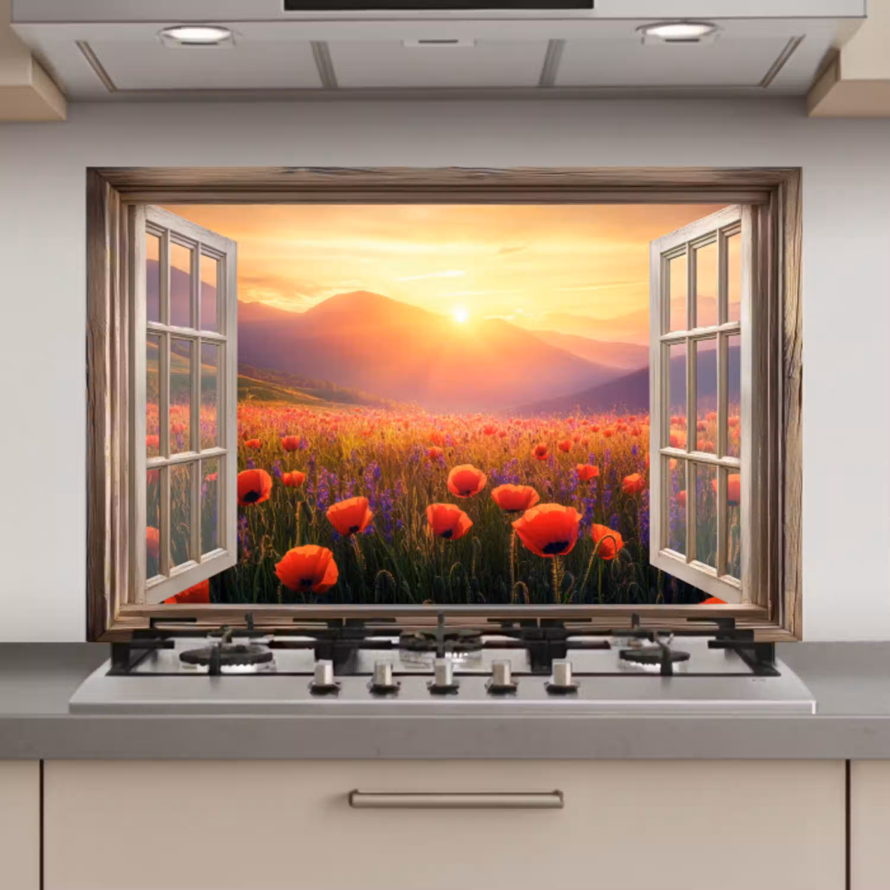 Doorkijk - Klaprozen - Bloemen - Rood - Open raam keuken achterwand spatscherm klein -3d_website