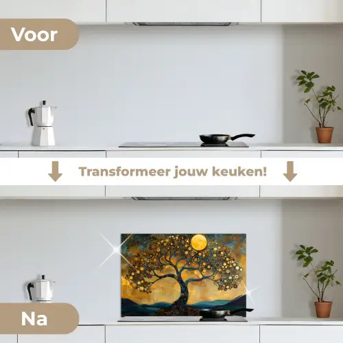 Boom - Maan - Bloemen - Goud - Kunst keuken achterwand spatscherm klein -voor_na_NL
