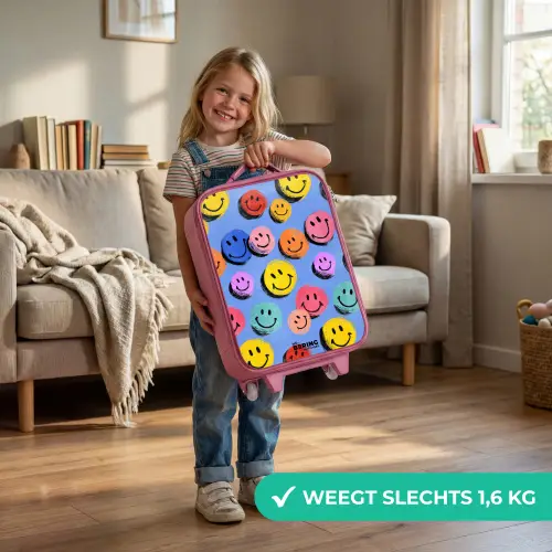 Een speels en kunstzinnig patroon van kleurrijke smileys Kinderkoffer - Roze klein -sfeer2_NL