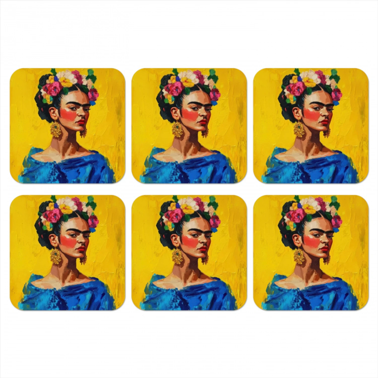 Frida Kahlo - Vrouw - Geel - Blauw - Bloemen onderzetter kurk middel -3d
