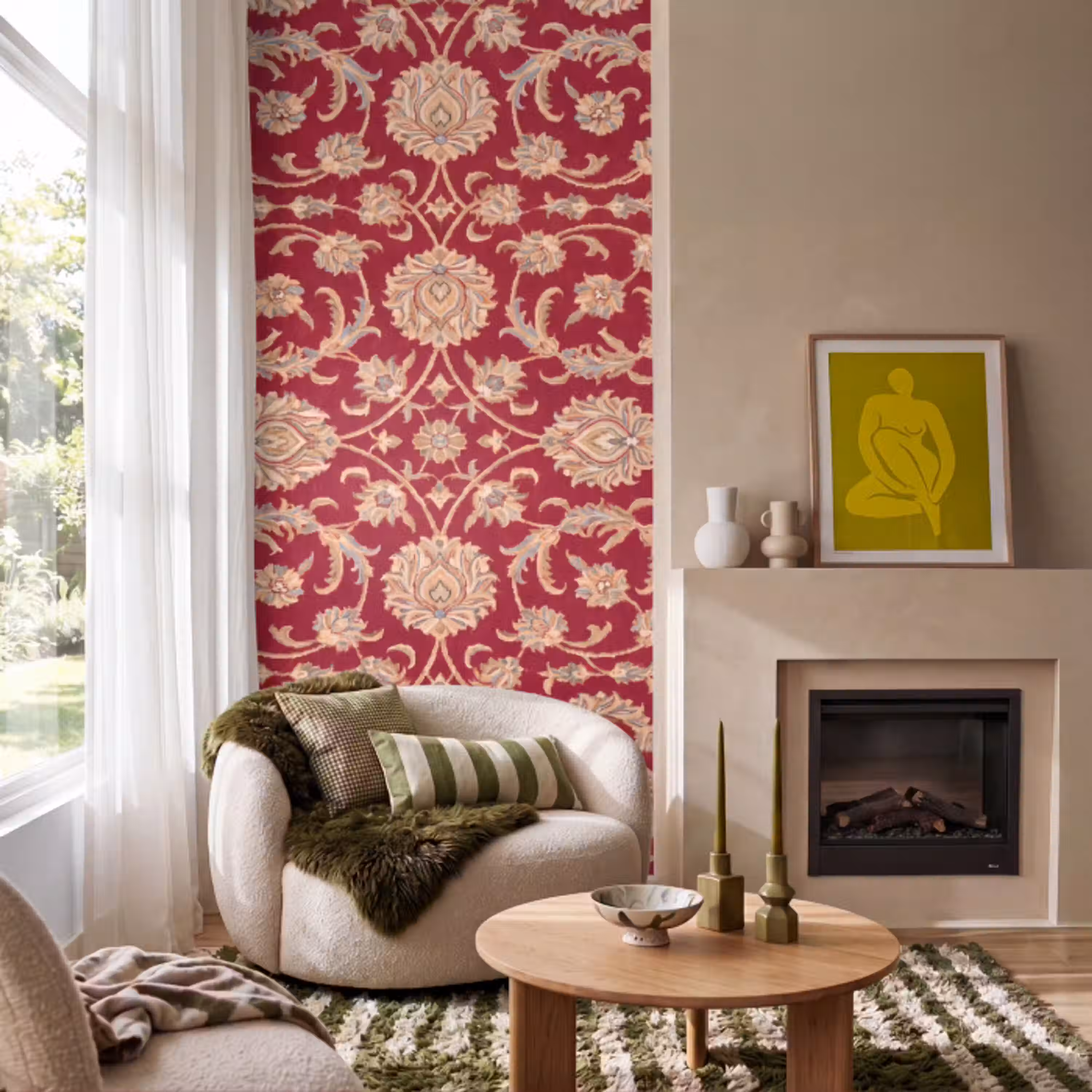 Patroon - Bloem - Klassiek - Oosters - Rood Behang Vlies klein -sfeer2
