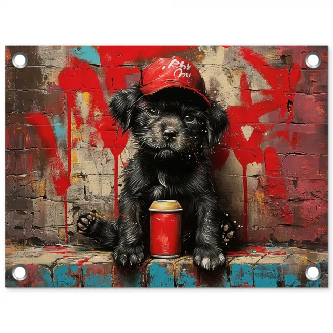 Puppy met Rode Pet en Spuitbus tuinposter los doek klein -3d