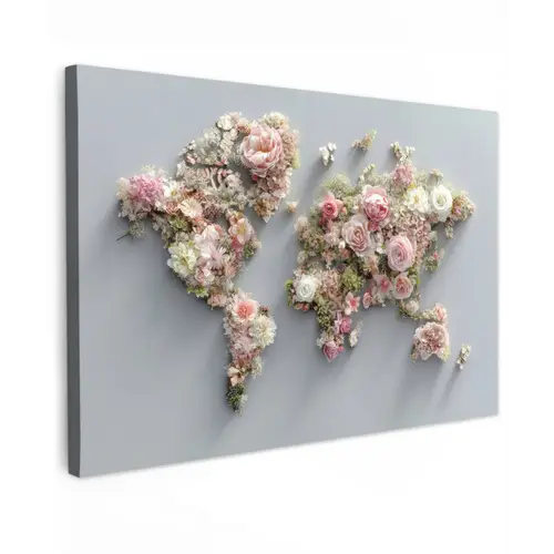 Wereldkaart - Rozen - Roze Tuinposter op houten frame 2 cm dik klein -3d