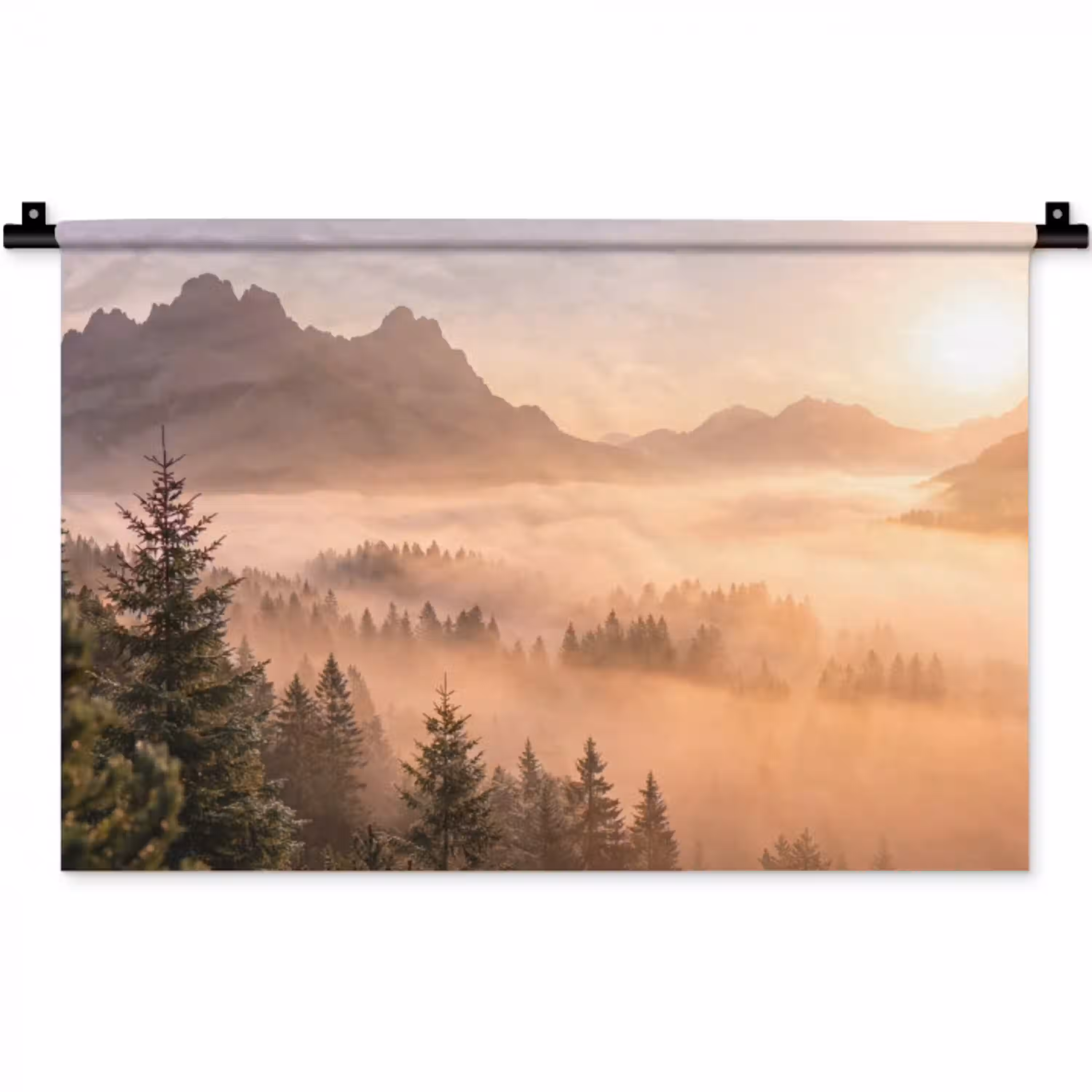 Zonlicht - Mist - Bergen - Bomen Wandkleed katoen klein -zz3d