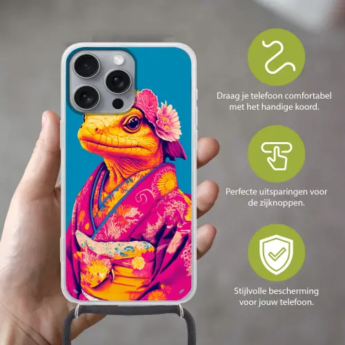 Bloemenkrans - Hagedis - Kimono - Paars Hoesje iPhone 16 Pro Max met koord klein -sfeer2_NL