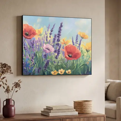 Weide - Bloemen - Kleurrijk Textielframe zwart klein -sfeer3