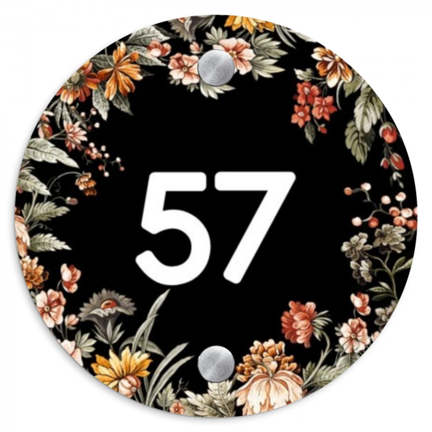 Bloemen - Zwart - Traditioneel Naambord Rond klein -3d