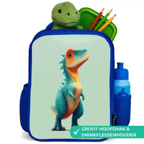 Cartoon - Dino - Oranje - Stekels Kinderrugzak - Blauw middel -inhoud_NL
