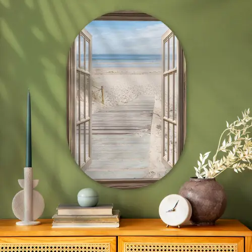 Doorkijk - Strand - Duinen - Pad - Landschap Wandcirkel Ovaal Glas middel -sfeer2