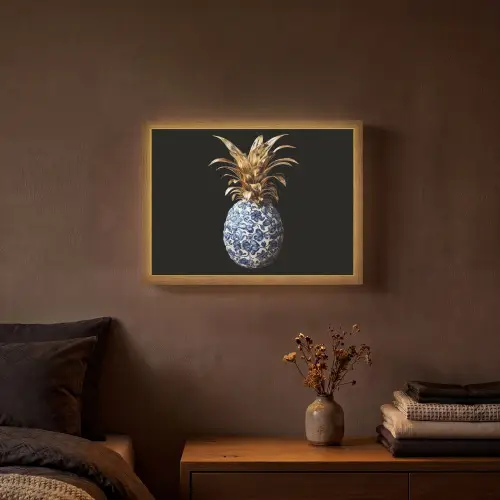 Ananas - Bloemen patroon - Goud - Delftsblauw Light Box met batterij (Wandlamp) middel -sfeer4
