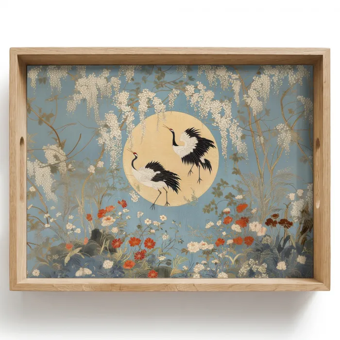 Kraanvogels - Maan - Bloemen - Blauw Dienblad Rechthoek middel -z3d_shopping