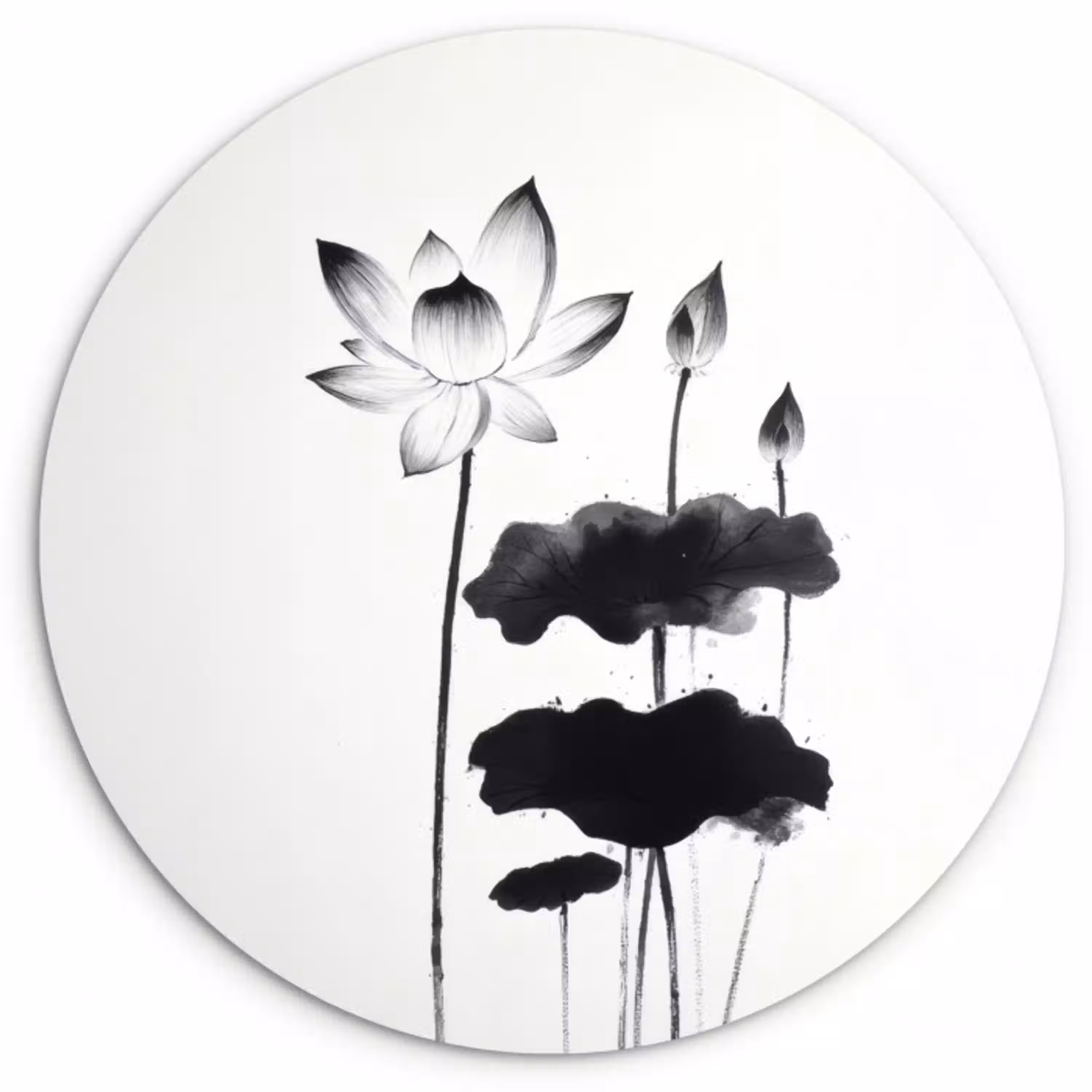 Bladeren - Zwart - Lotusbloem - Minimalitisch Wandcirkel plexiglas klein -3d