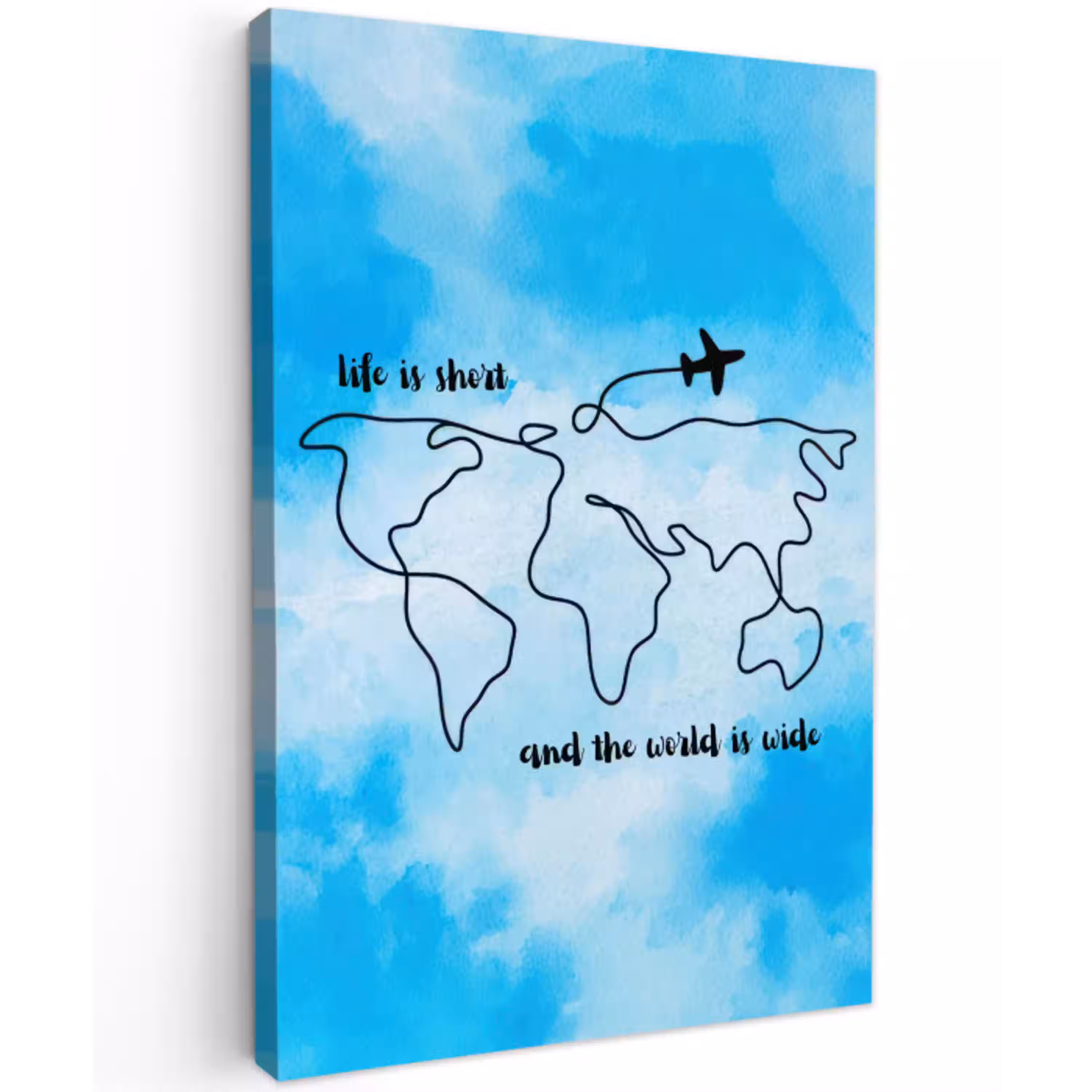 Blauw - Quote - Wereldkaart Tuinposter op houten frame 2 cm dik middel -3d