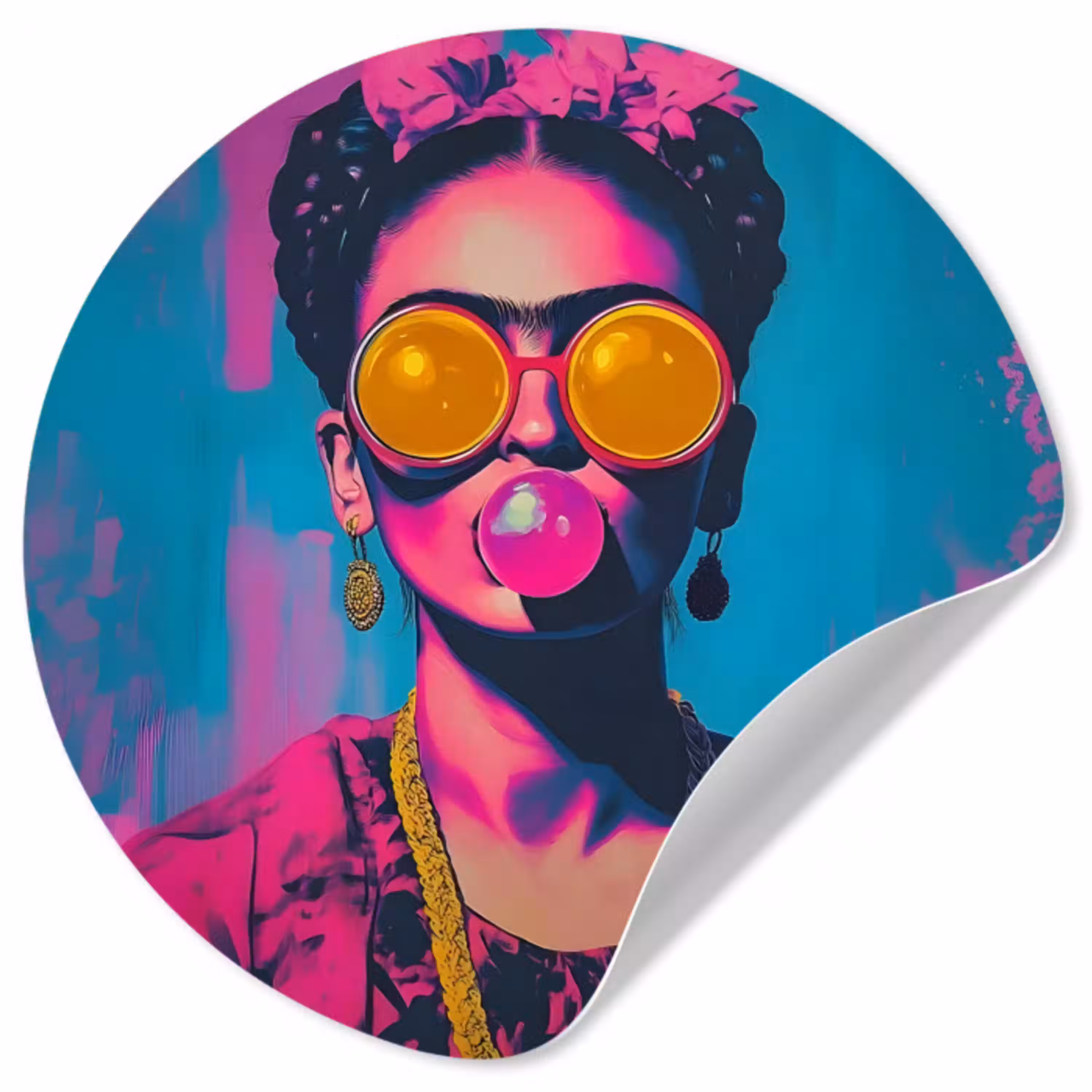 Vrouw - Kauwgom - Zonnebril - Oranje Wandcirkel behangsticker klein -3d