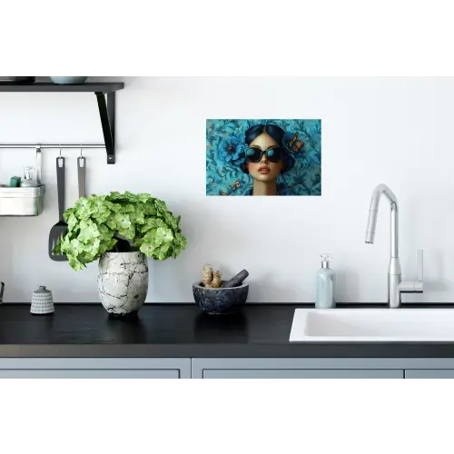 Vrouw - Bloemen - Vlinders - Blauw - Abstract Muursticker klein -keuken