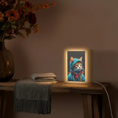 Graffiti - Kat - Zwart - Jas - Street art Light Box met kabel (Tafellamp) klein -sfeer4