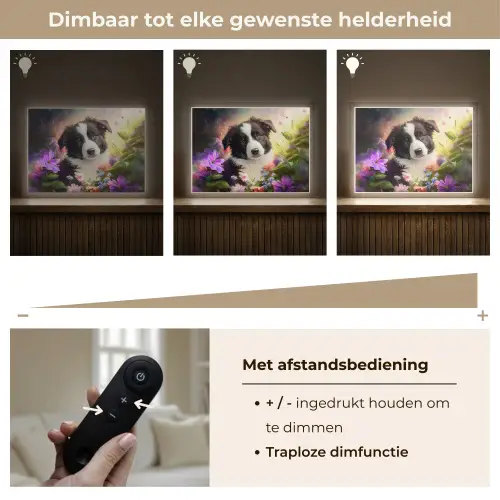 Puppy - Zon - Bloemen - Natuur - Bordercollie - Hond Light Box met batterij (Wandlamp kind) middel -USP_dimbaarNL