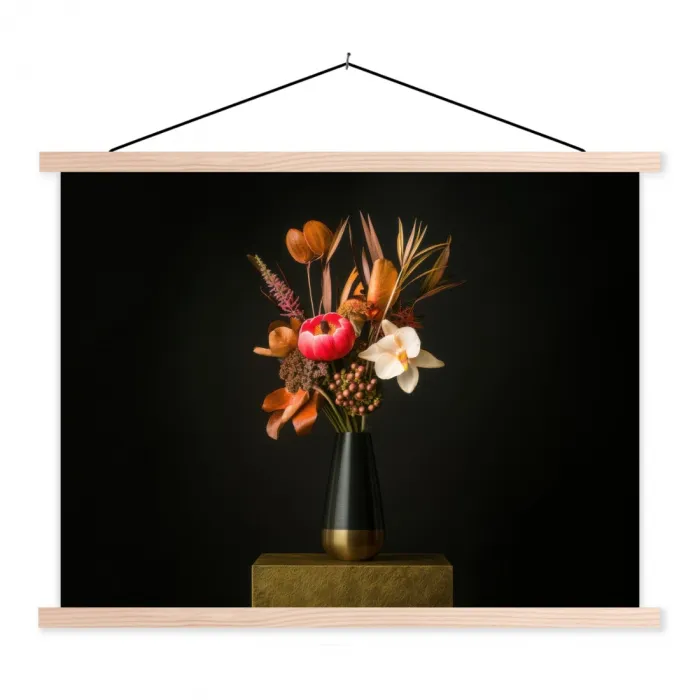 Boeket - Oranje - Gouden - vaas textielposter latten blank klein -3d