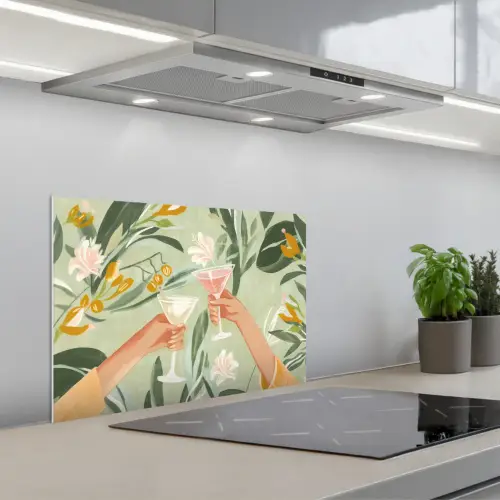 Glazen - Proosten - Bladeren - Groen keuken achterwand spatscherm klein -3d_schuin