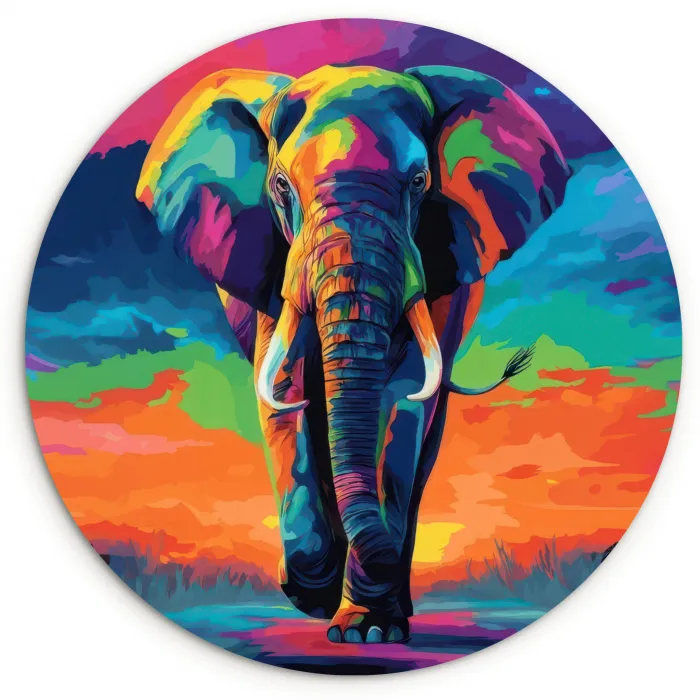 Olifant - Kleurrijk - Lucht - Abstract Wandcirkel kunststof plaat 5mm dik klein -3d