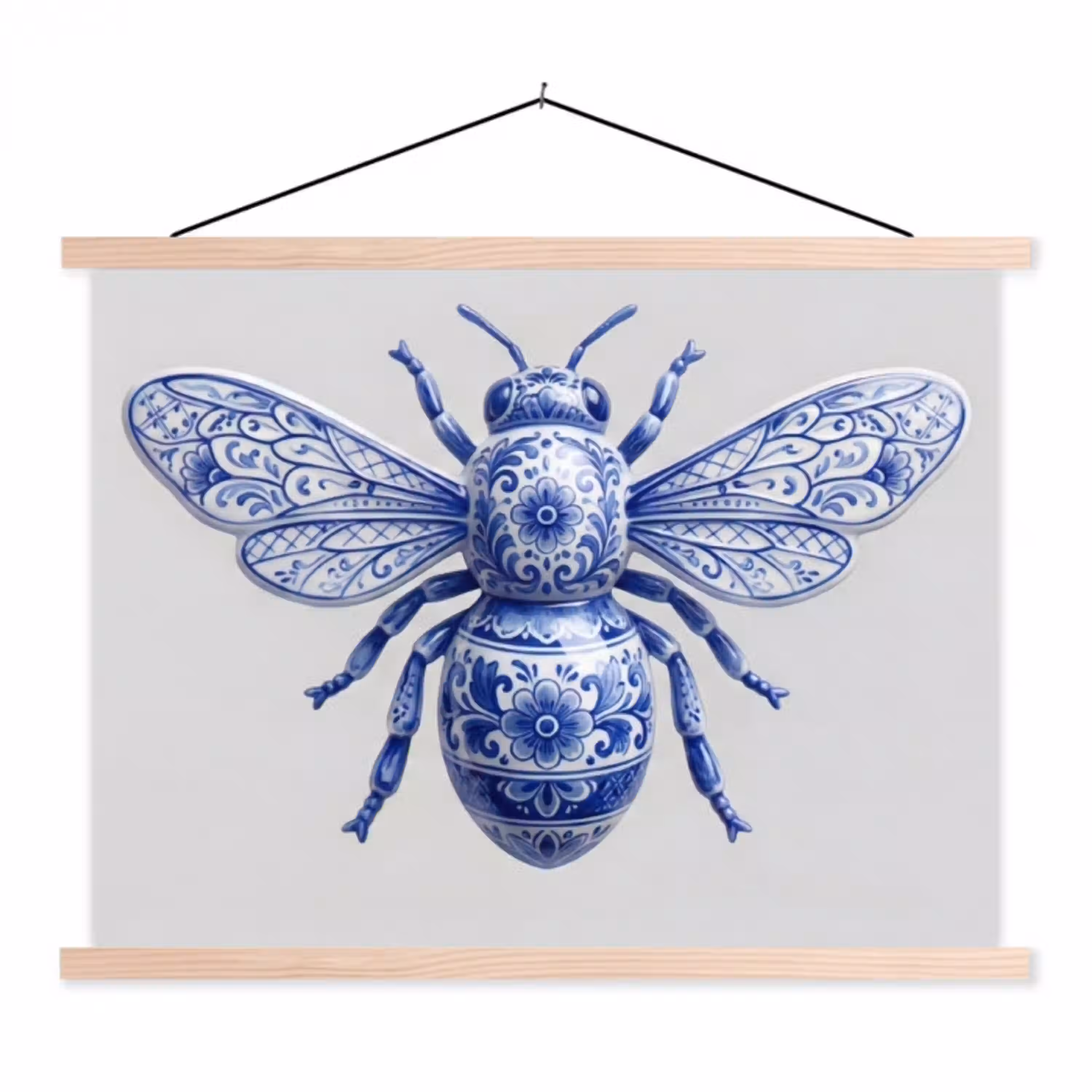 Bij - Modern - Delfts - Blauw textielposter latten blank klein -3d
